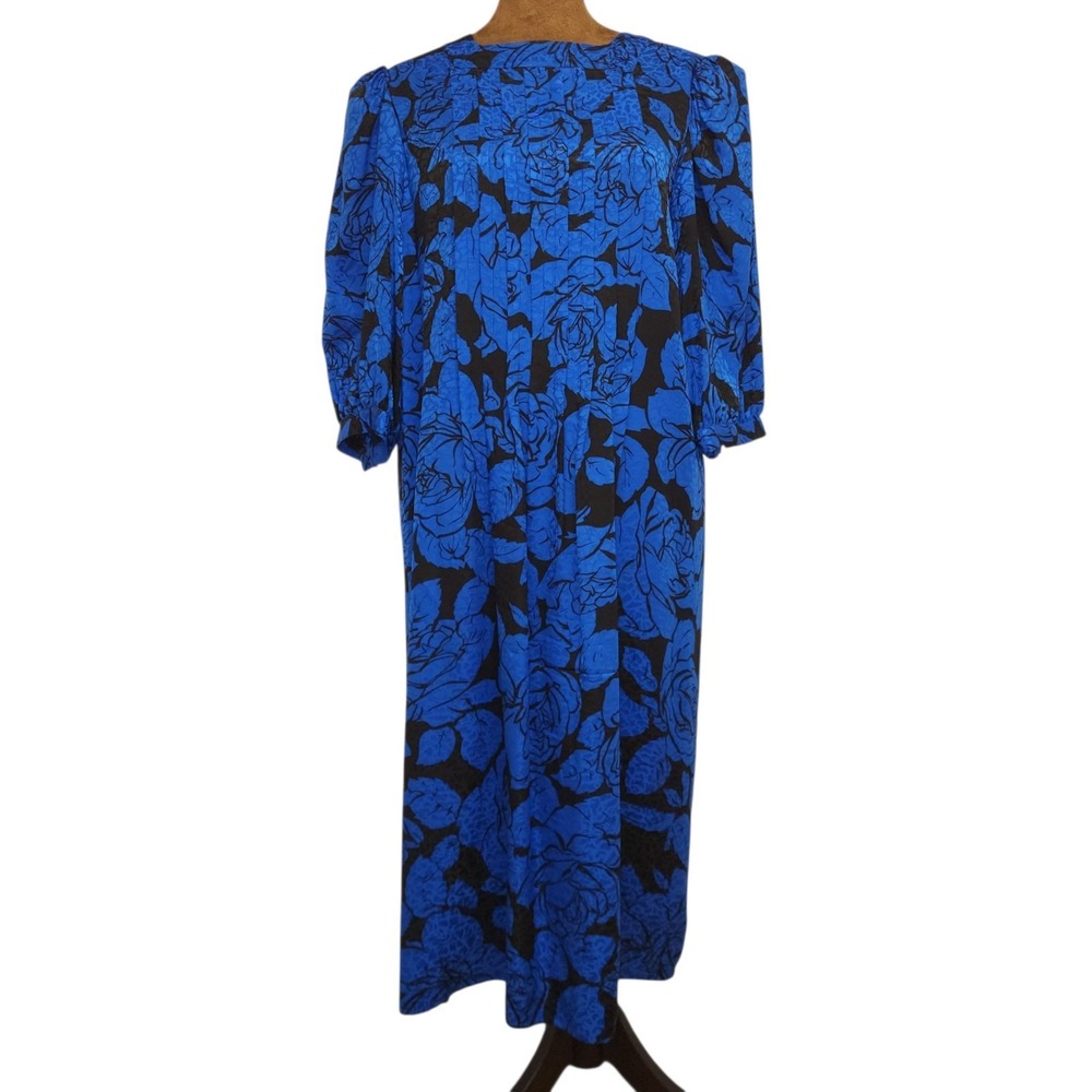 Vintage Adrianna Papell Dress Size 10‎ Silk Pleated Blue Black Floral